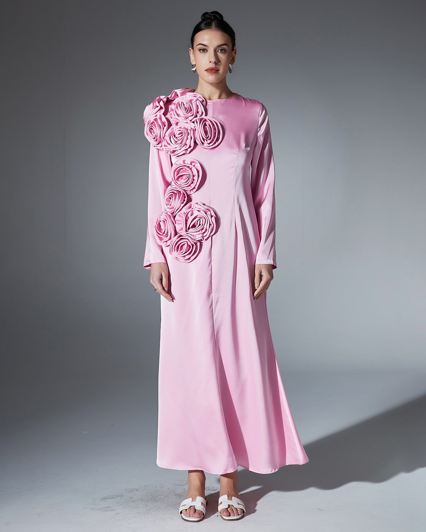 Pink Satin Gown with 3D Rose Accents