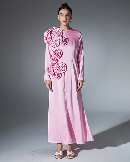 Pink Satin Gown with 3D Rose Accents