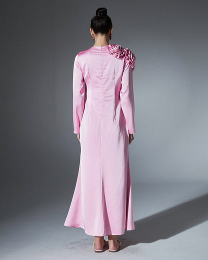 Pink Satin Gown with 3D Rose Accents