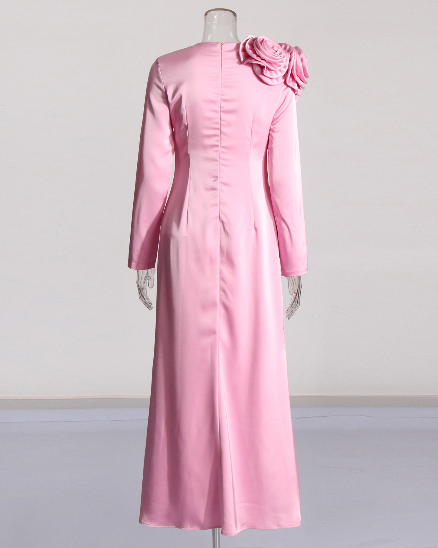 Pink Satin Gown with 3D Rose Accents