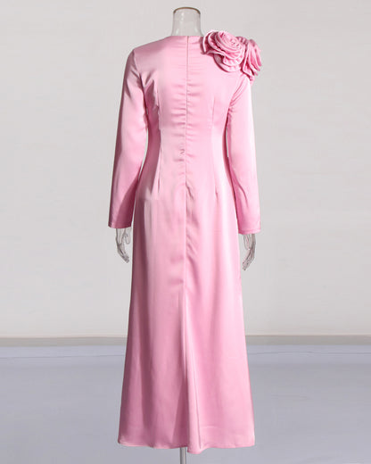 Pink Satin Gown with 3D Rose Accents