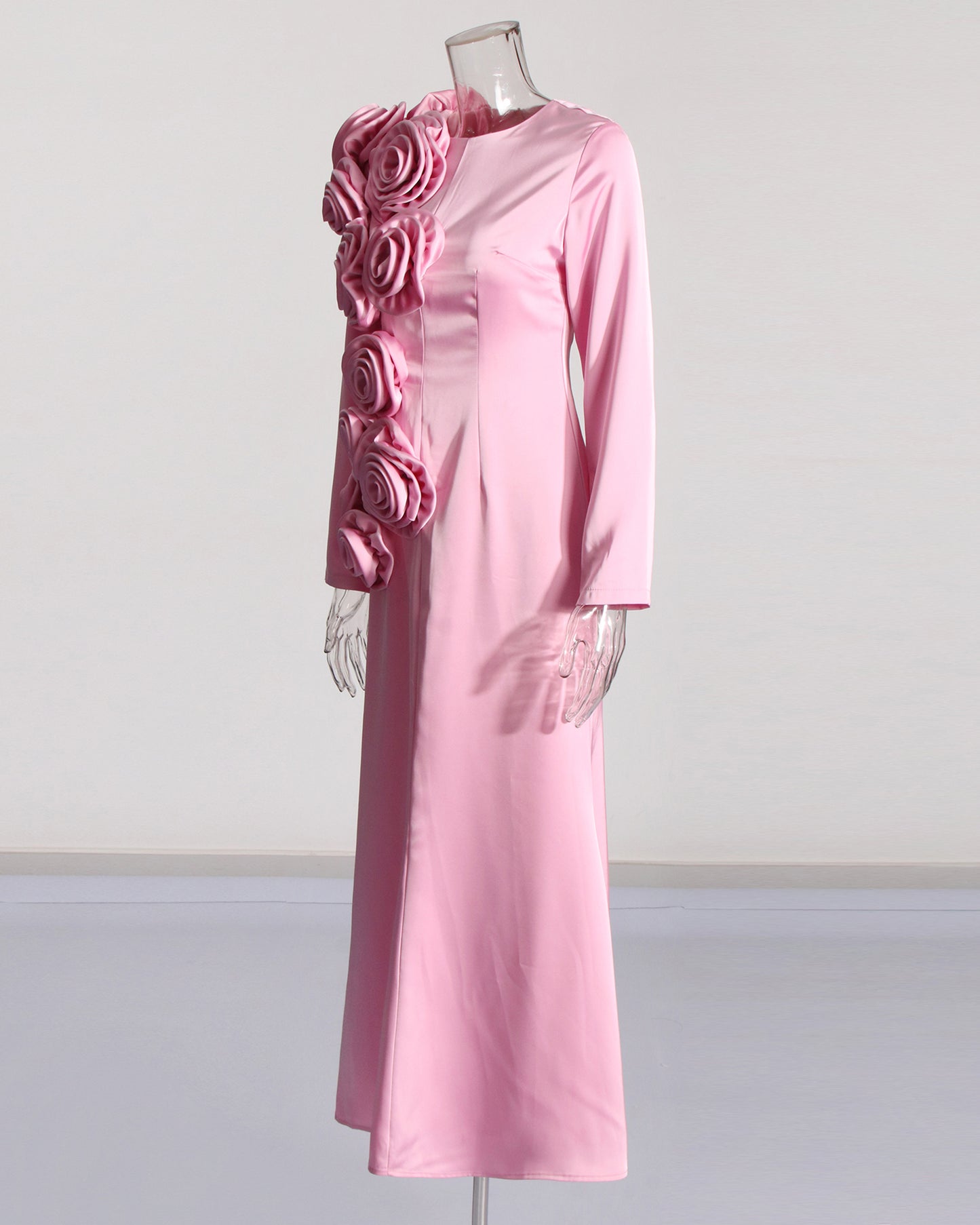 Pink Satin Gown with 3D Rose Accents