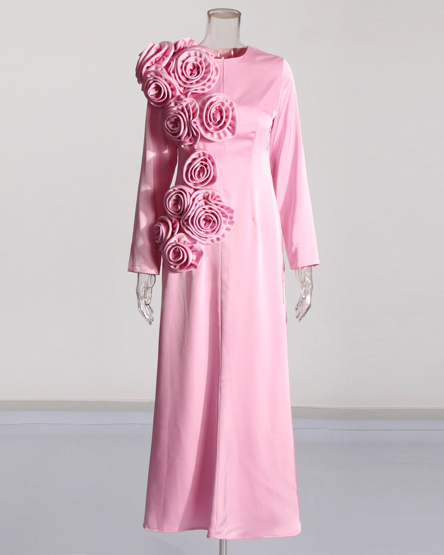 Pink Satin Gown with 3D Rose Accents