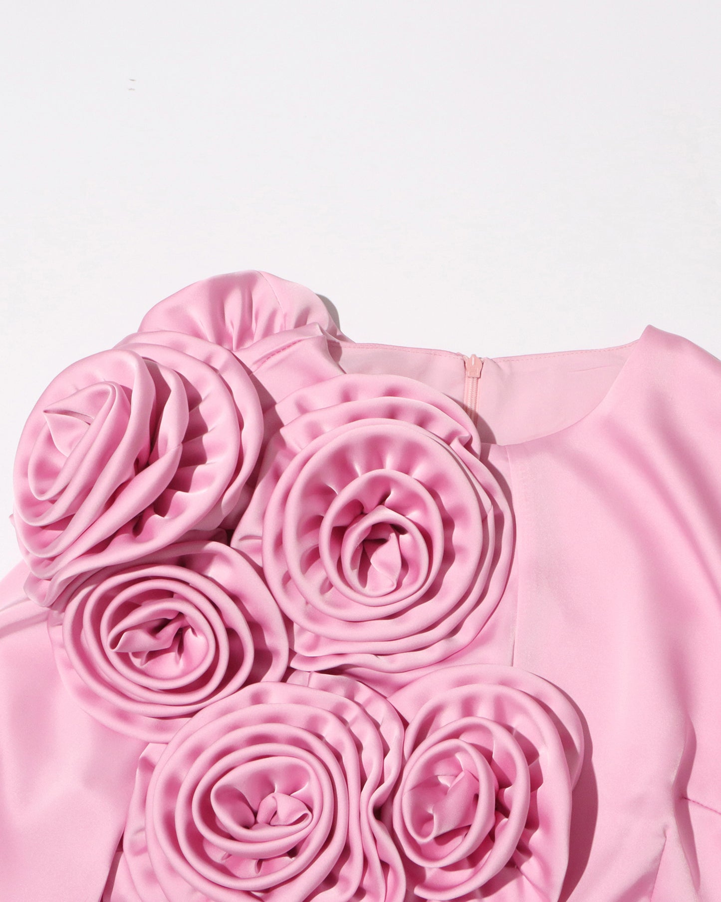 Pink Satin Gown with 3D Rose Accents