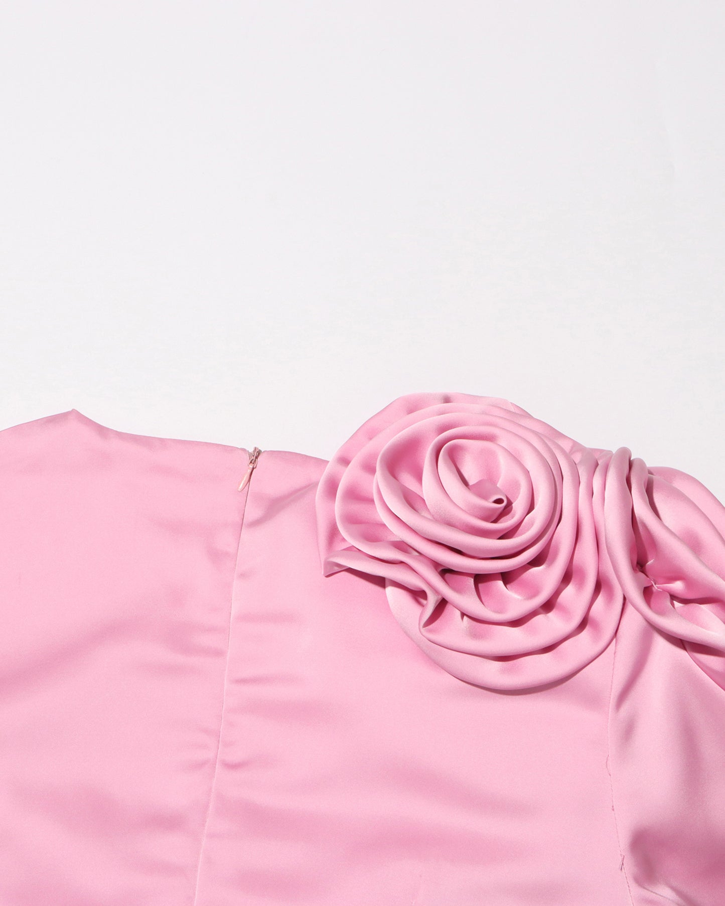 Pink Satin Gown with 3D Rose Accents