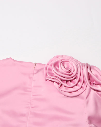 Pink Satin Gown with 3D Rose Accents