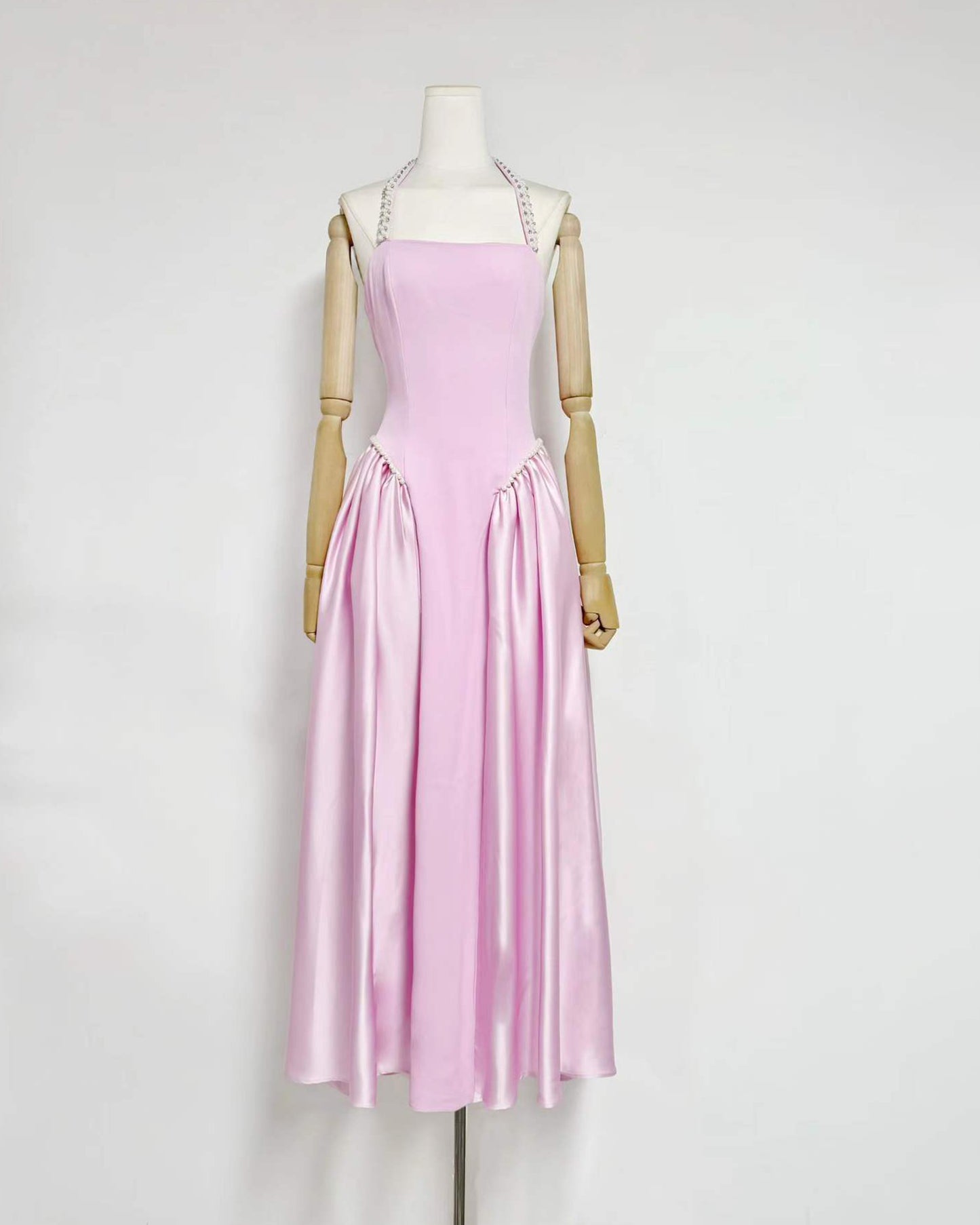 Pink Satin Halter Midi Dress with Pearl Detail