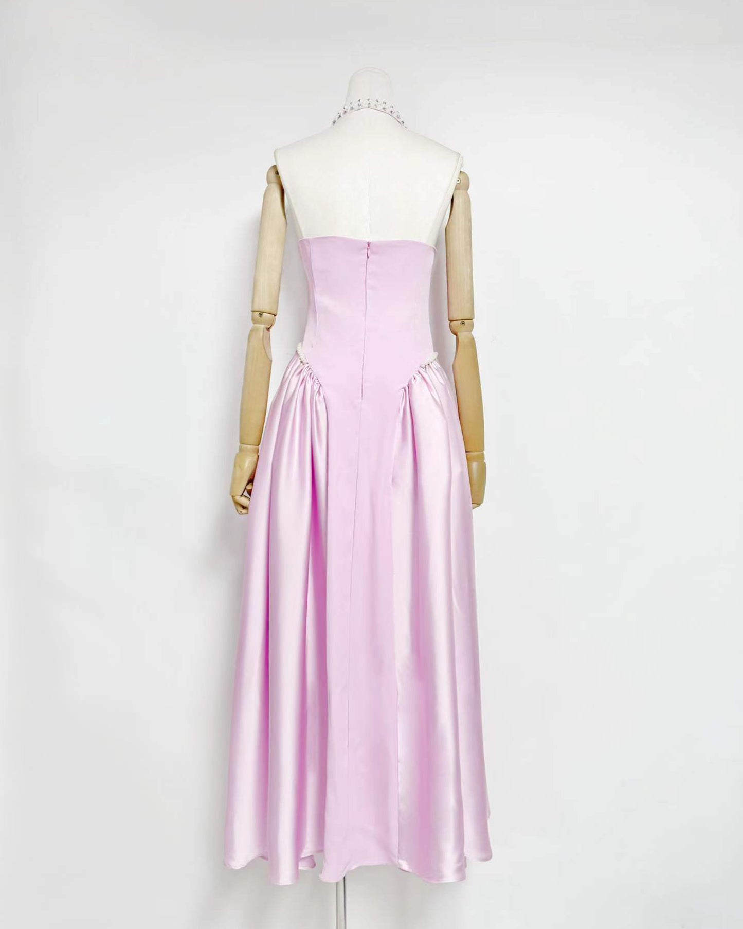 Pink Satin Halter Midi Dress with Pearl Detail