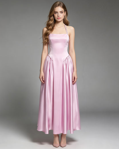Pink Satin Halter Midi Dress with Pearl Detail