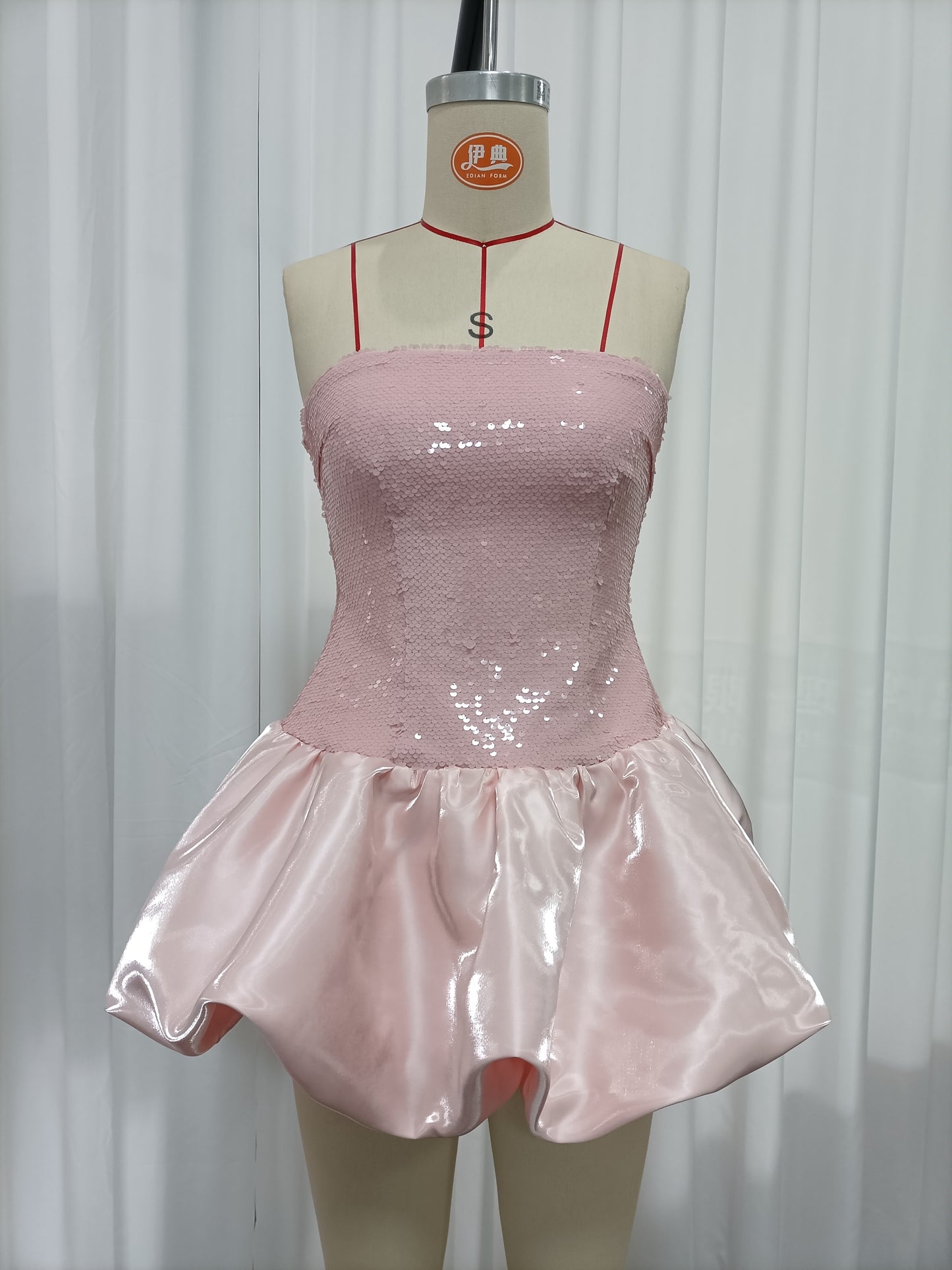Pink Sequin Strapless Satin Bubble Mini Dress