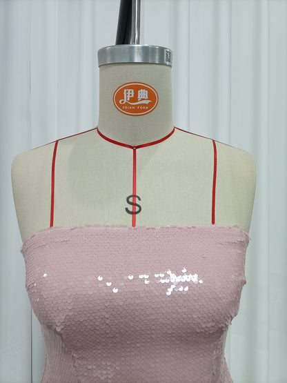 Pink Sequin Strapless Satin Bubble Mini Dress