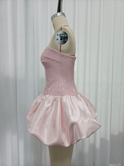 Pink Sequin Strapless Satin Bubble Mini Dress