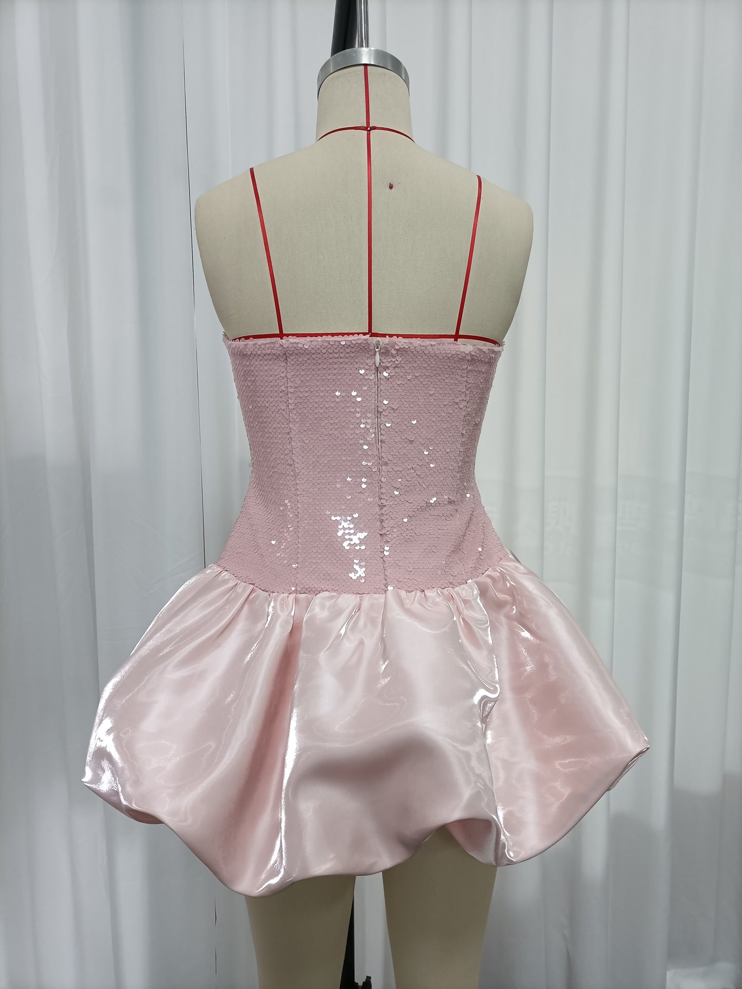 Pink Sequin Strapless Satin Bubble Mini Dress