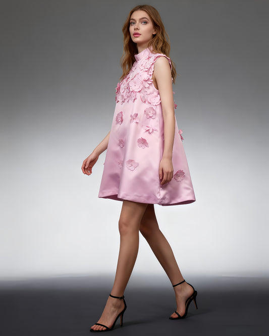 Pink Sleeveless Dress with 3D Floral Embellishments
