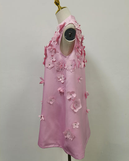 Pink Sleeveless Dress with 3D Floral Embellishments