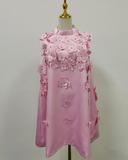 Pink Sleeveless Dress with 3D Floral Embellishments