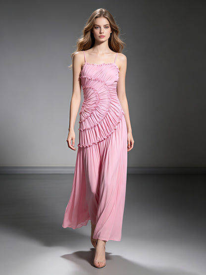 Pink Sleeveless Spiral Sweep Pleated Dress