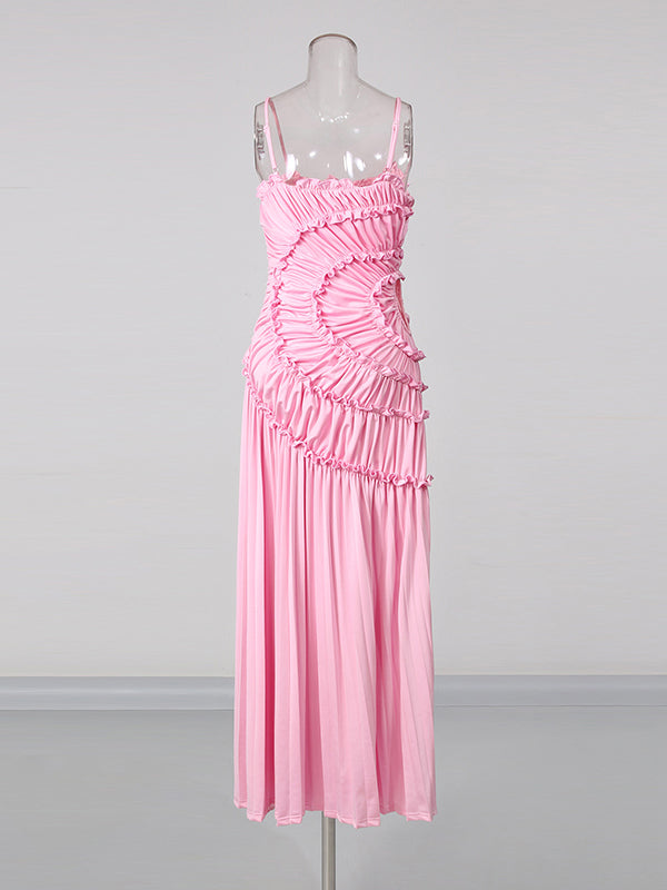 Pink Sleeveless Spiral Sweep Pleated Dress