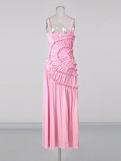 Pink Sleeveless Spiral Sweep Pleated Dress