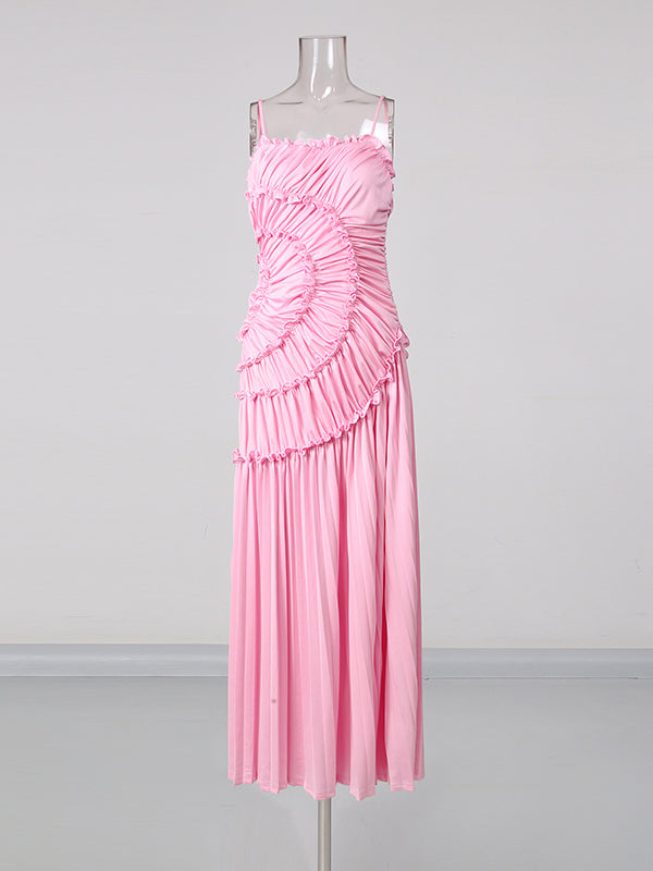 Pink Sleeveless Spiral Sweep Pleated Dress