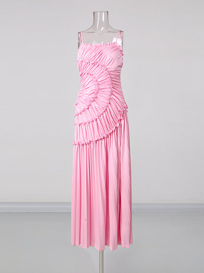 Pink Sleeveless Spiral Sweep Pleated Dress