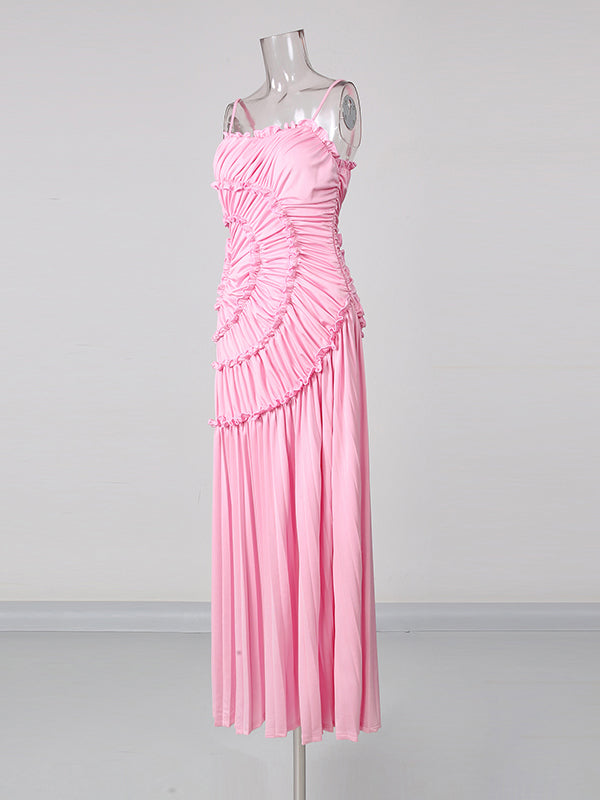 Pink Sleeveless Spiral Sweep Pleated Dress