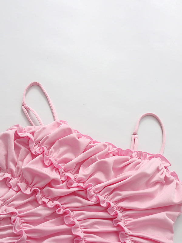 Pink Sleeveless Spiral Sweep Pleated Dress