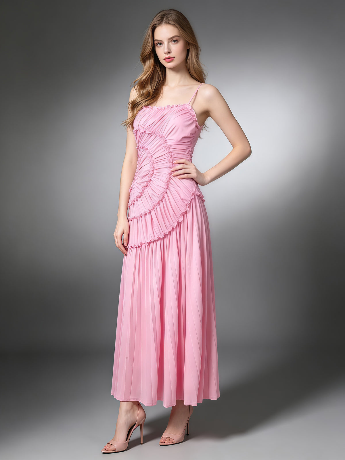 Pink Sleeveless Spiral Sweep Pleated Dress