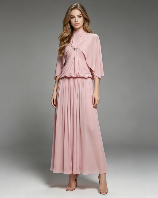 Pink Stand Collar Metal Buckle Ruched Tunic Maxi Dress