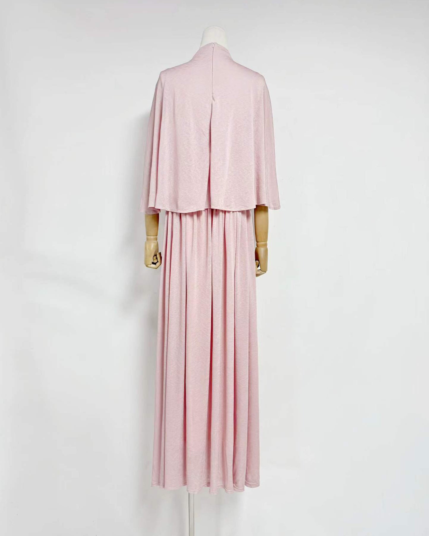 Pink Stand Collar Metal Buckle Ruched Tunic Maxi Dress