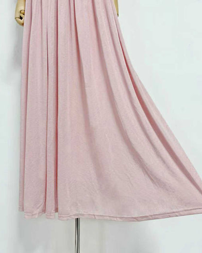 Pink Stand Collar Metal Buckle Ruched Tunic Maxi Dress