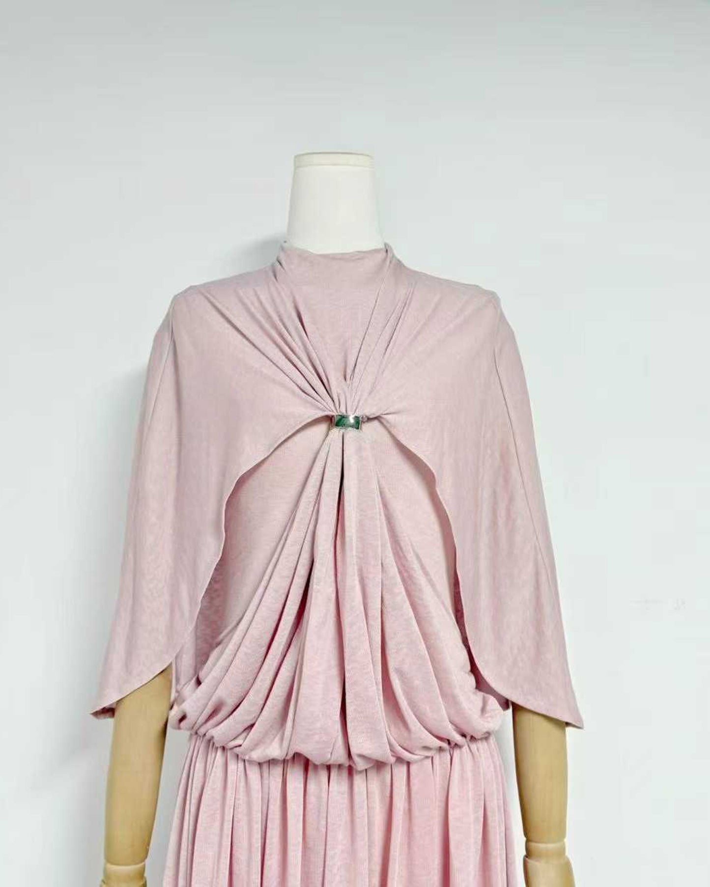 Pink Stand Collar Metal Buckle Ruched Tunic Maxi Dress