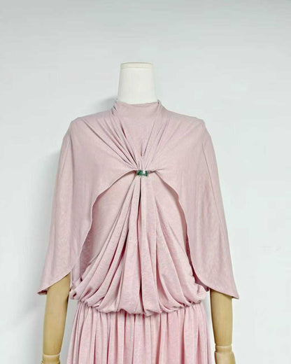 Pink Stand Collar Metal Buckle Ruched Tunic Maxi Dress