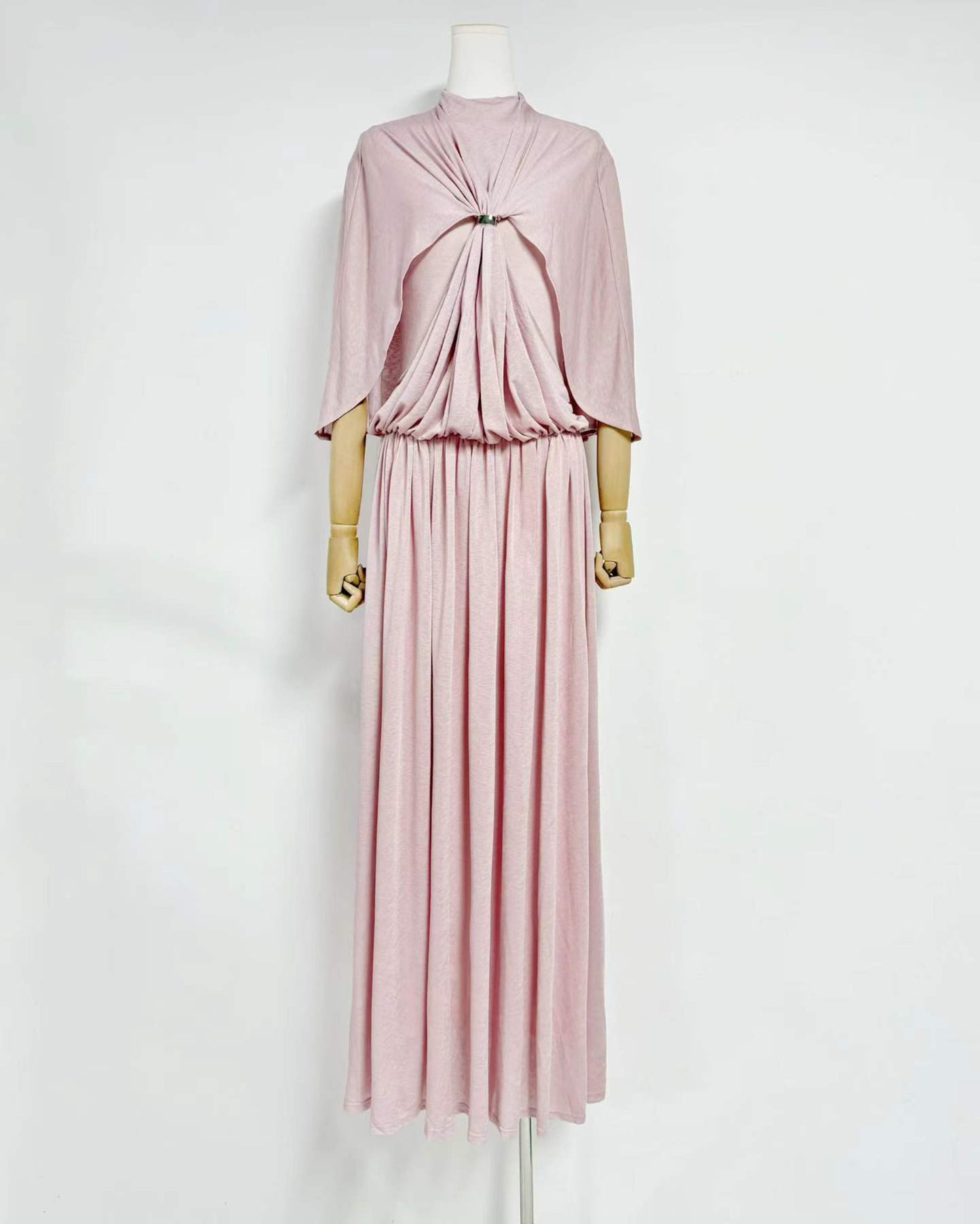 Pink Stand Collar Metal Buckle Ruched Tunic Maxi Dress