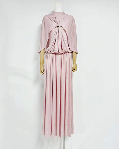 Pink Stand Collar Metal Buckle Ruched Tunic Maxi Dress
