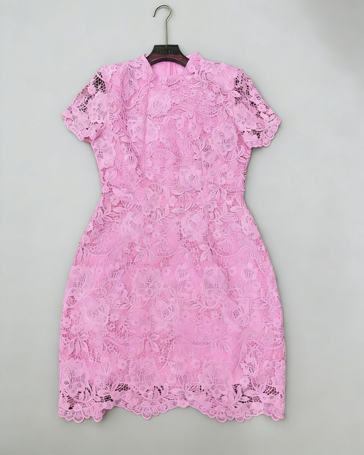Pink Stand Collar Short Sleeve Lace Mini Dress