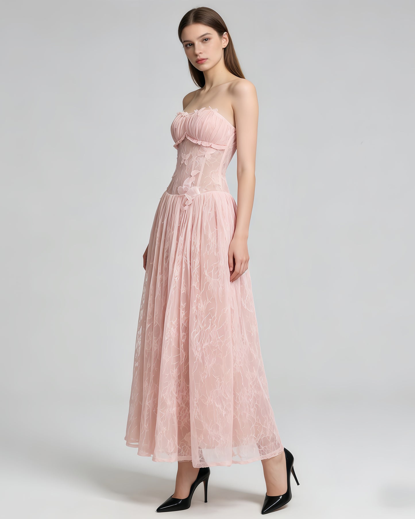 Pink Strapless Butterfly Lace Midi Dress