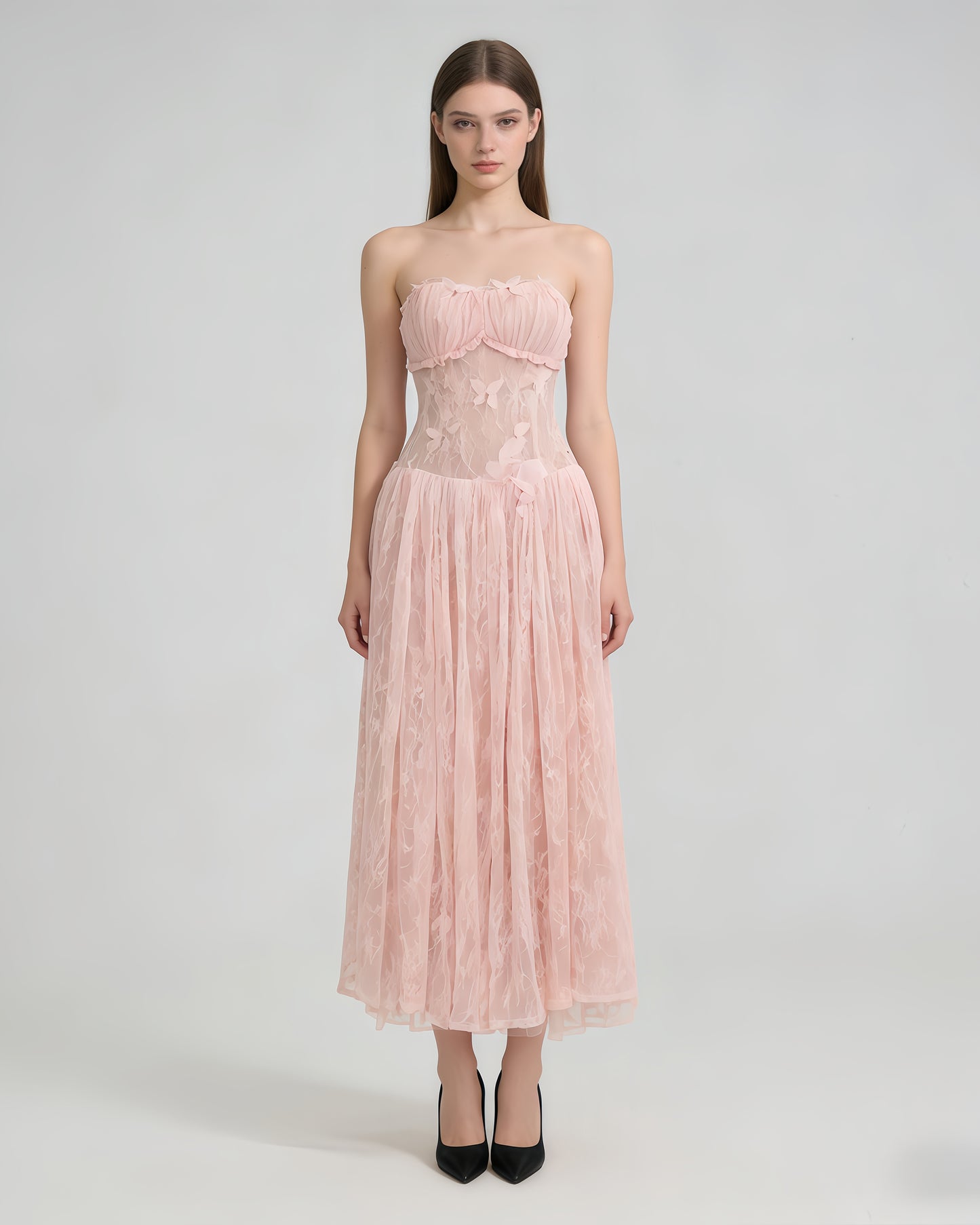 Pink Strapless Butterfly Lace Midi Dress