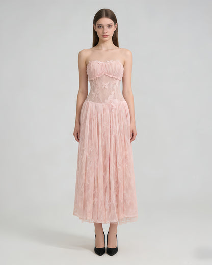 Pink Strapless Butterfly Lace Midi Dress