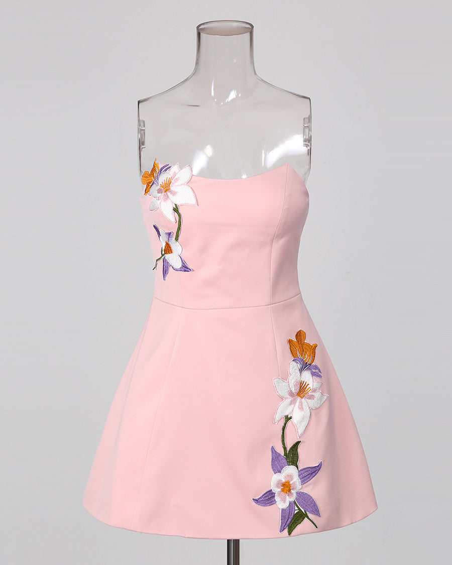 Pink Strapless Floral Embroidery A‑Line Mini Dress