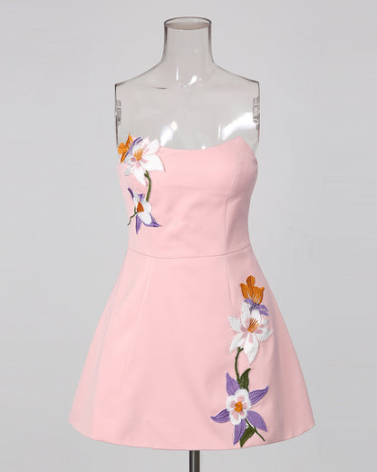 Pink Strapless Floral Embroidery A‑Line Mini Dress
