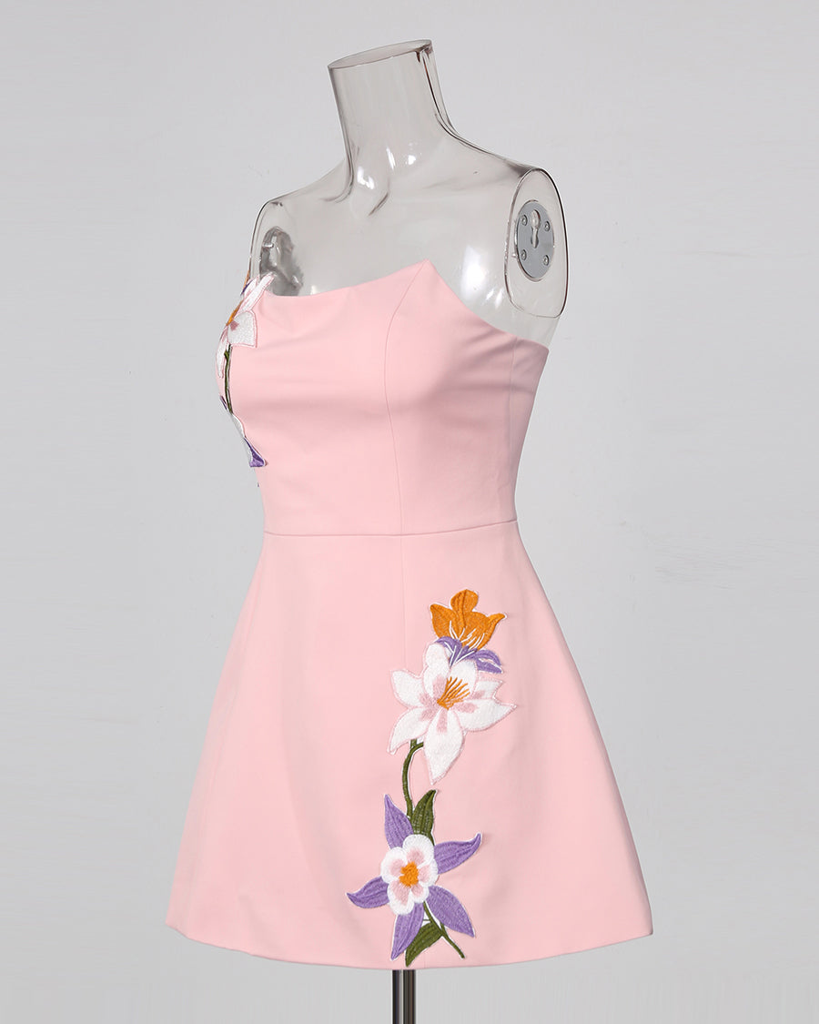 Pink Strapless Floral Embroidery A‑Line Mini Dress