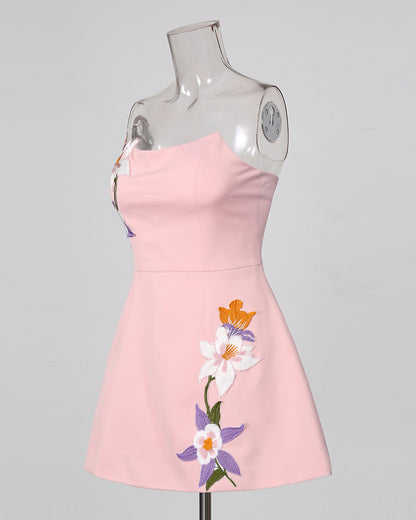 Pink Strapless Floral Embroidery A‑Line Mini Dress