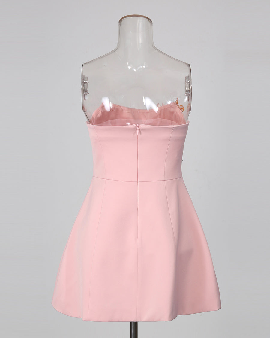 Pink Strapless Floral Embroidery A‑Line Mini Dress