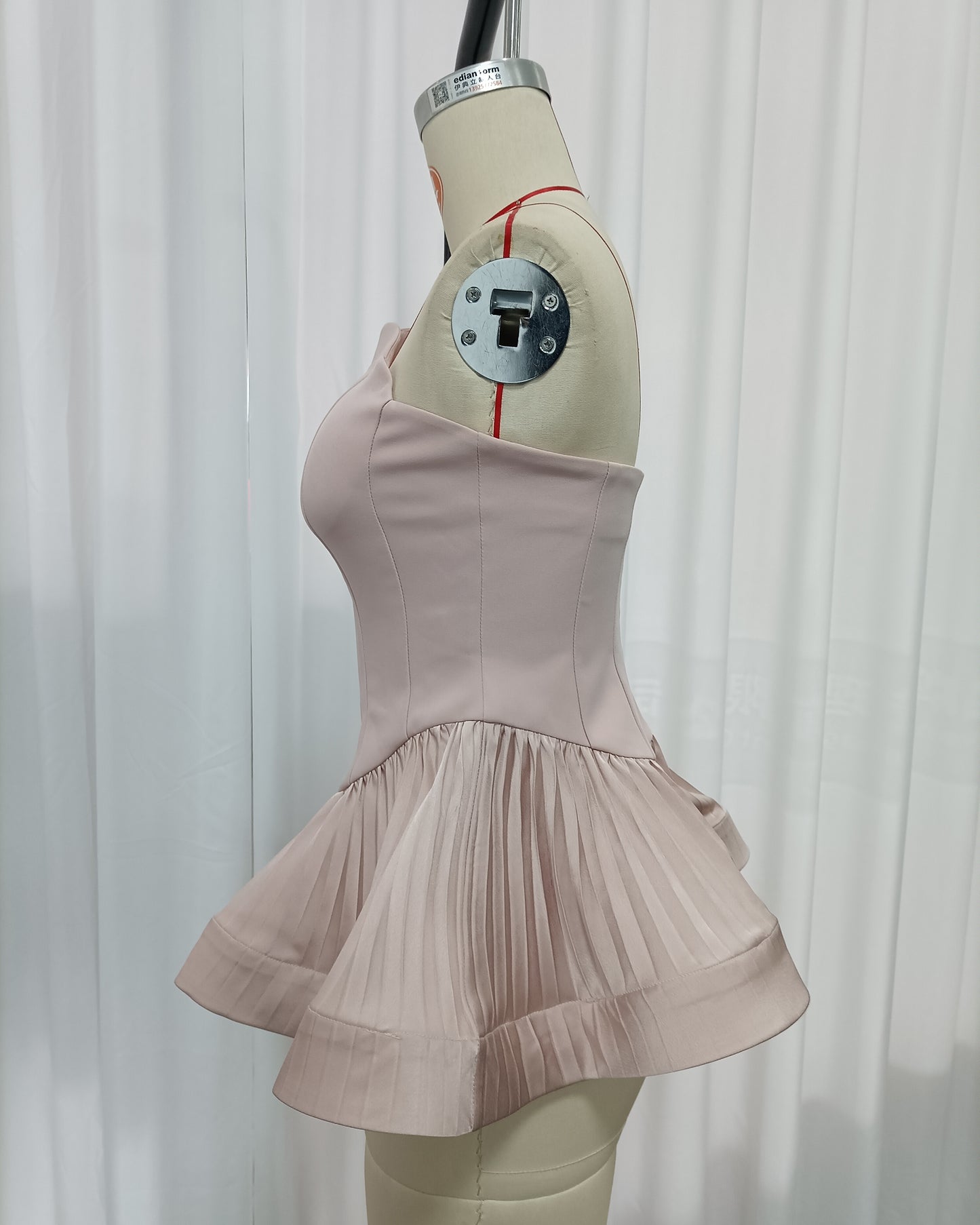 Pink Strapless Peplum Top with Pleated Hem