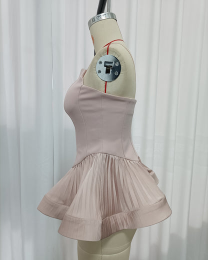 Pink Strapless Peplum Top with Pleated Hem