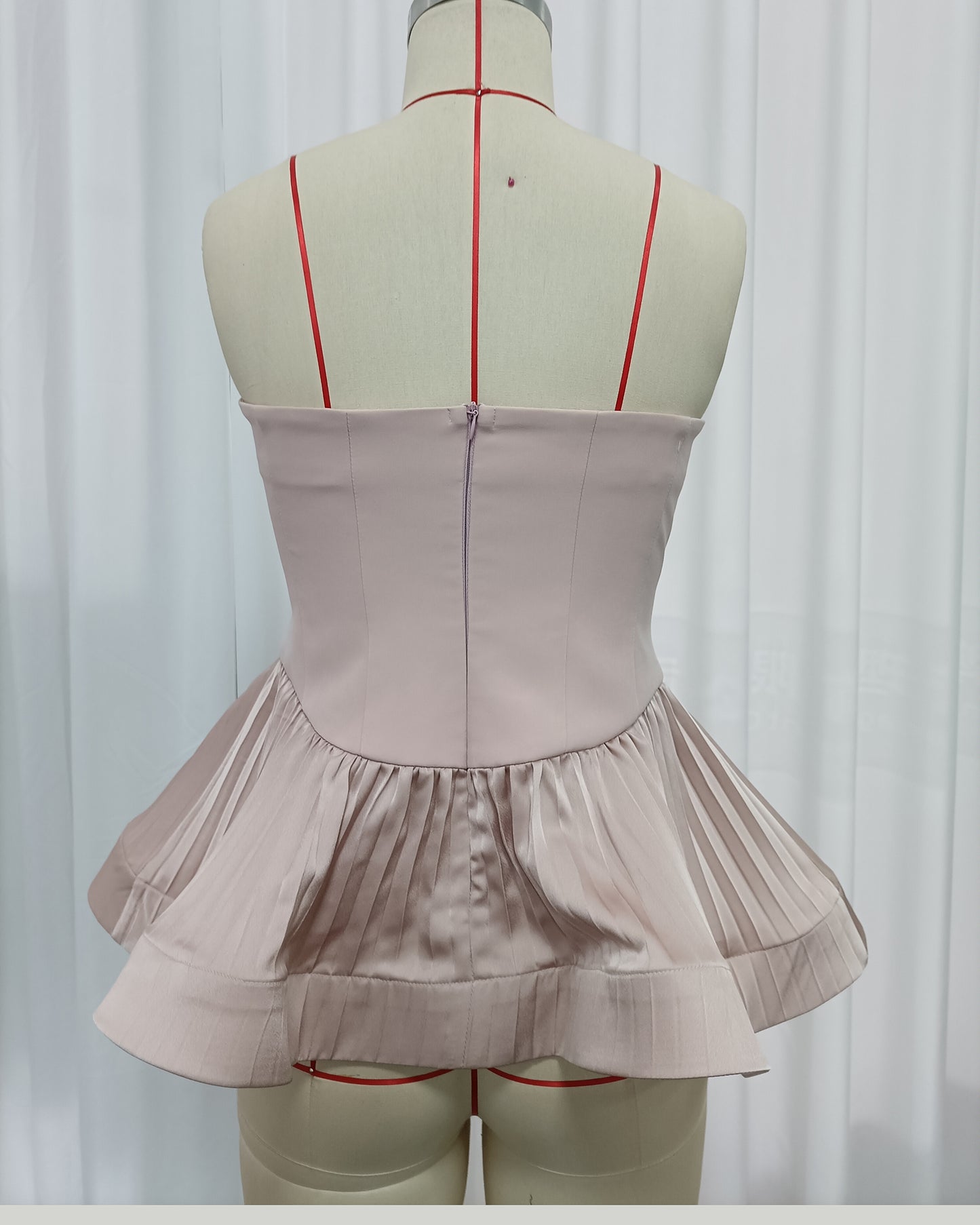 Pink Strapless Peplum Top with Pleated Hem