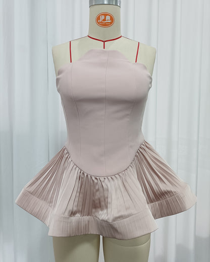 Pink Strapless Peplum Top with Pleated Hem