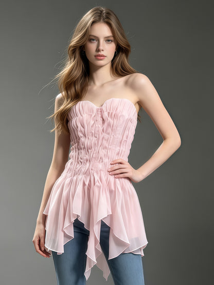 Pink Strapless Ruched Asymmetric Hem Top