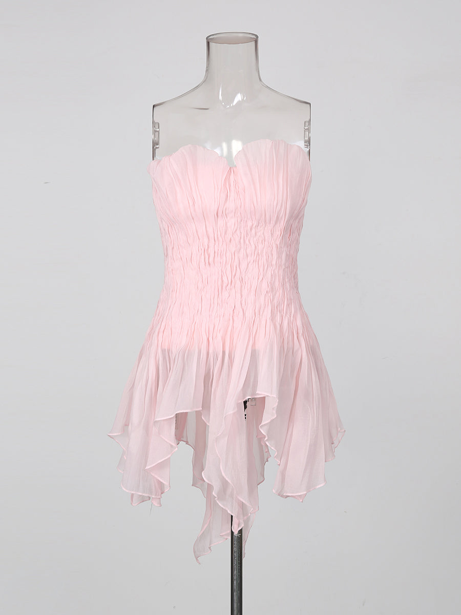 Pink Strapless Ruched Asymmetric Hem Top